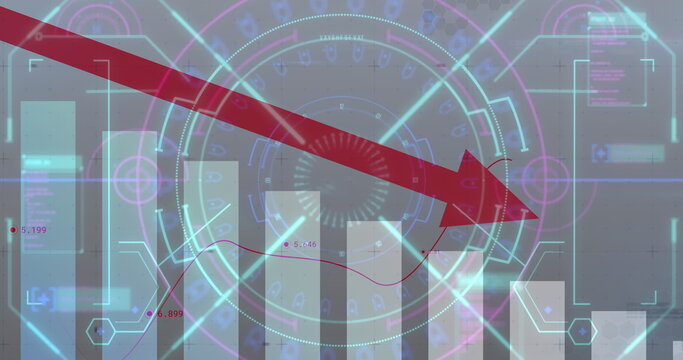 Image of scope scanning and financial data processing with arrow pointing down