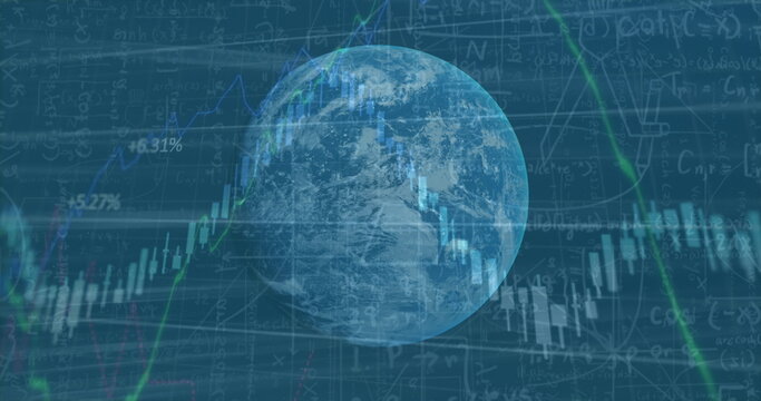 Image of financial data processing over globe spinning and mathematical formulae