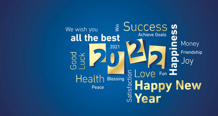 Happy New Year 2022 golden negative space numbers word cloud text blue isolated background vector