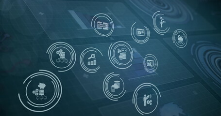 Image of financial tool icons over digital screens with data processing
