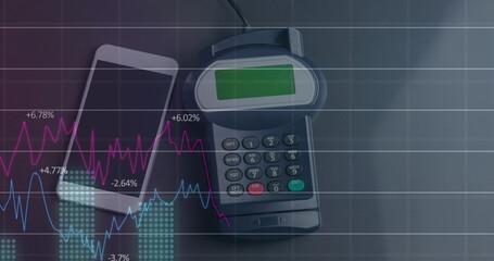 Image of financial data processing over credit card terminal smartphone and credit card