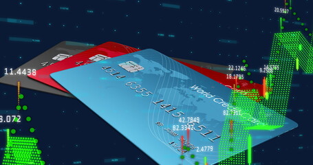 Image of financial data processing over pile of credit cards