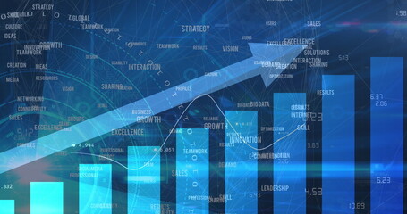 Image of financial data processing with blue arrow pointing up and numbers changing