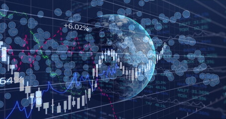 Image of financial data processing over digital icons and globe