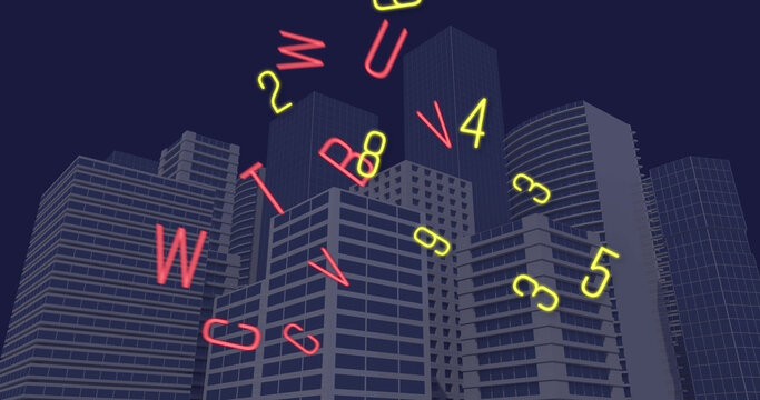 Image of falling numbers and letters over cityscape