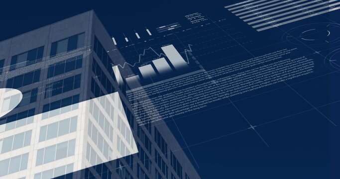 Financial and statistical data processing over tall building against blue background