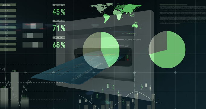 Image of financial data processing over credit card insert into atm slot