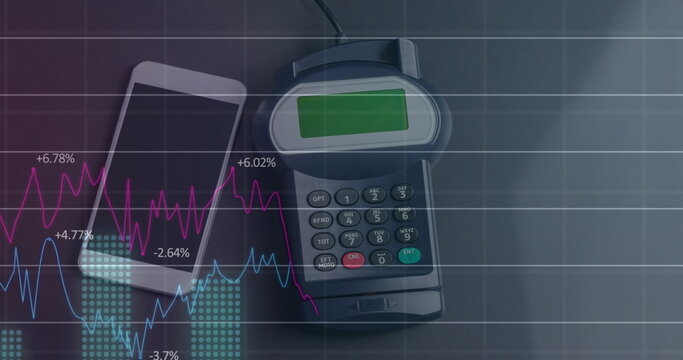 Image of financial data processing over credit card terminal smartphone and credit card