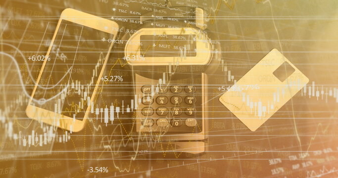 Image of financial data processing over credit card terminal smartphone and credit card