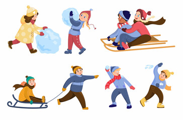Cute kids play outside in winter. They make a snowman, play snowballs and sledding. A set of characters on a white background for a cartoon-style Christmas design.