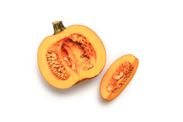 Half and slice of orange pumpkin on a white background. Isolated object