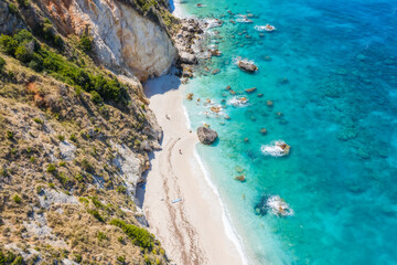Fototapeta na wymiar Aerial top down drone photo of Petani beach with beautiful turquoise sea at Cefalonia island, Ionian, Greece