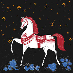 White horse in Russian style on a background of stars