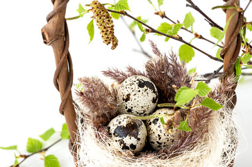 Easter festive composition of wicker basket with small spotted eggs