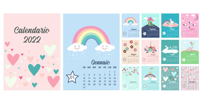 2022 Italian Calendar with unicorns and rainbows