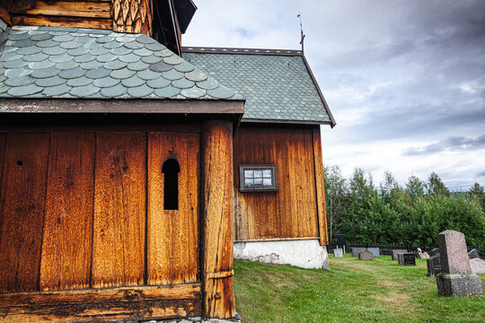 old wooden church  (stav) in the mountains, Hedalen, Norway