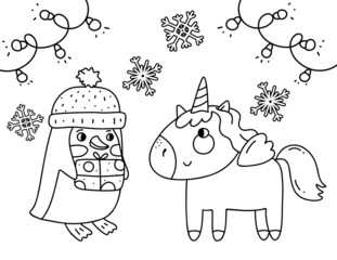 Christmas coloring book page. Unicorn with penguin coloring book page.