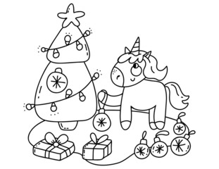 Christmas coloring book page. Unicorn with new year tree coloring book page.