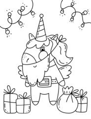Christmas coloring book page. Unicorn coloring book page.