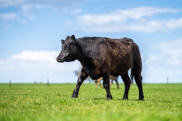 Close up of Stud Beef bulls, cows and calves grazing on grass in a field, in Australia. breeds of...