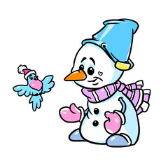 Little cute snowman kid bird greeting card new year illustration