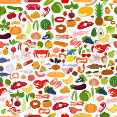 Seamless vector pattern with food on a white background. Fruits, vegetables and seafood.