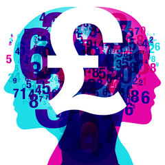 A male & female side silhouette positioned back-to-back, overlaid with various sized semi-transparent numbers. Centrally overlaid is a white “UK Pound” currency symbol.