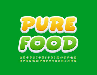 Vector colorful Logo Pure Food. Green Alphabet Letters and Numbers. Bright Comic Font