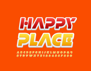 Vector colorful Logo Happy Placet. Original Yellow Font. Modern Alphabet Letters and Numbers
