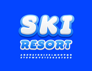 Vector bright Sign Ski Resort. White and Blue Font. Creative Alphabet Letters and Numbers set