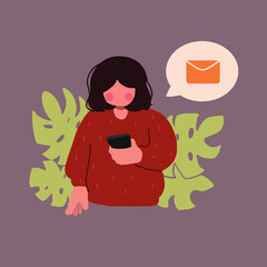 A young girl looks at a smartphone, an incoming message. A girl with a phone in her hands, checks incoming messages. The girl checks her email on her smartphone