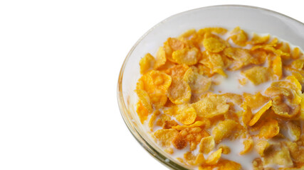 A bowl of a corn flakes in the milk on the white background.