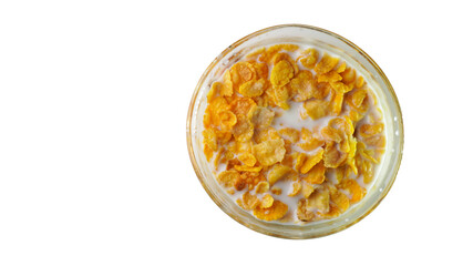 A bowl of a corn flakes in the milk on the white background.