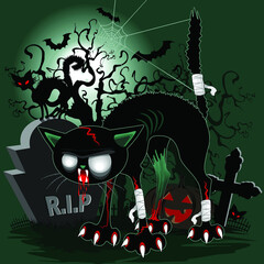 Chat Zombie Vampire Monster Halloween Caractère sur Nightmare Scary Cemetery Vector Illustration