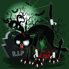 Photo sur Plexiglas Dessiner Chat Zombie Vampire Monster Halloween Caractère sur Nightmare Scary Cemetery Vector Illustration