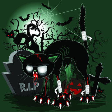 Cat Zombie Vampire Monster Halloween Character on Nightmare Scary Cemetery Vector Illustration