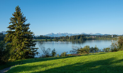 Lechstausee Urspring lake in Bavaria Germany. Bavarian Alps. - obrazy, fototapety, plakaty