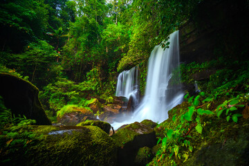 beautiful tropical rainforest waterfall in deep forest