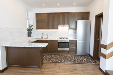 Modern wooden kitchen in scandinavian interior with cooking appliances. Real image