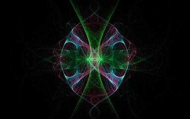 abstract computer illustrations of fantastic energy waves of various shapes and shades on a black background for use in symbols, signs for digital design and graphics