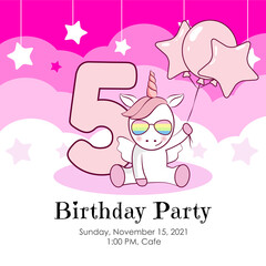 Birthday party invitation with unicorn. Ready template.