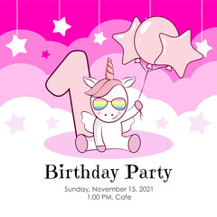Birthday party invitation with unicorn. Ready template.