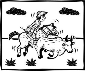 vaqueiro derrubando boi em uma vaquejada