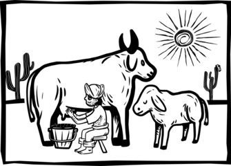 Fototapeta na wymiar Person milking a cow and the calf is watching. Woodcut-style illustration