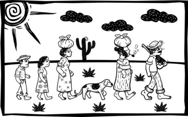 Retirantes nordestinos em um cenário desértico. Ilustração no estilo Xilogravura
