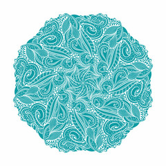 Round Rosette with Marine Zentangle. Turquoise Mandala with White Countour Ornament. Vector Illustration.