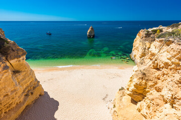 Aerial views of Praia da Marinha and Malhada do Baraco - beaches in Algarve, Portugal