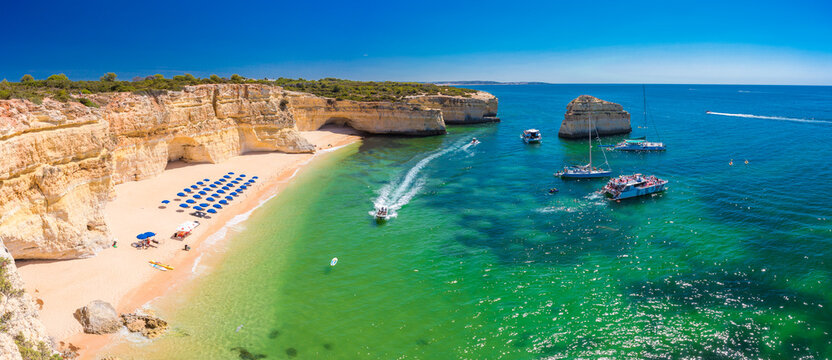 Aerial views of Praia da Marinha and Malhada do Baraco - beaches in Algarve, Portugal