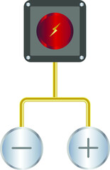 two steel buttons with a minus and a plus gold wire with a red button on the electrical panel 