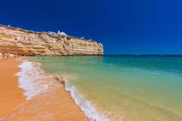 Fototapeta premium Aerial drone panoramic views of Praia Nova and Praia de Nossa, Algarve, Portugal